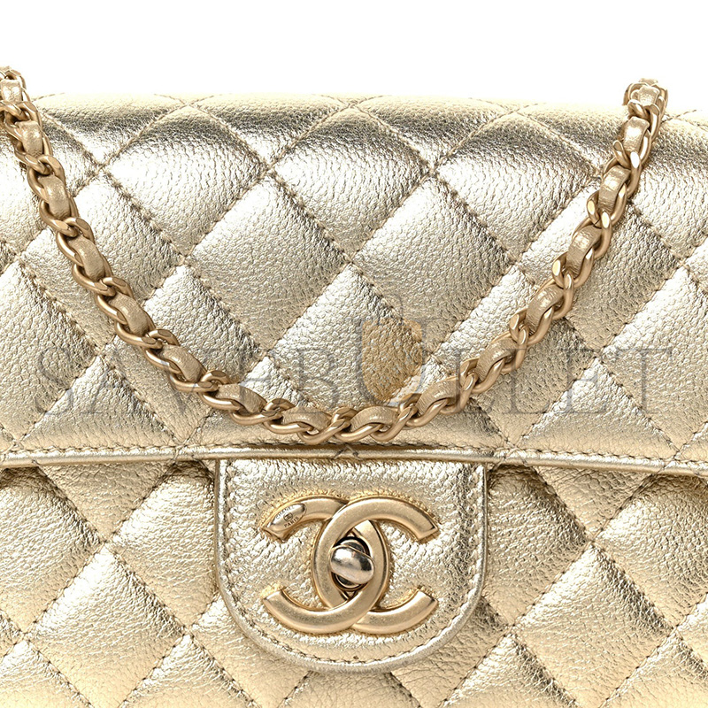 CHANEL MASTER METALLIC CAVIAR QUILTED MINI RECTANGULAR CC SLIDE FLAP LIGHT GOLD AS5759 (20*13*7cm)